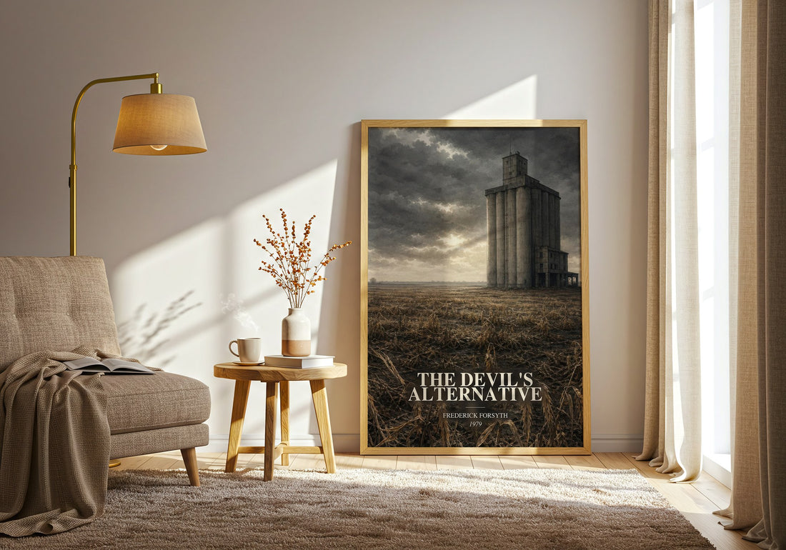 The Devil's Alternative watercolour print in frame leaning in hallway – thriller wall art (mockup)