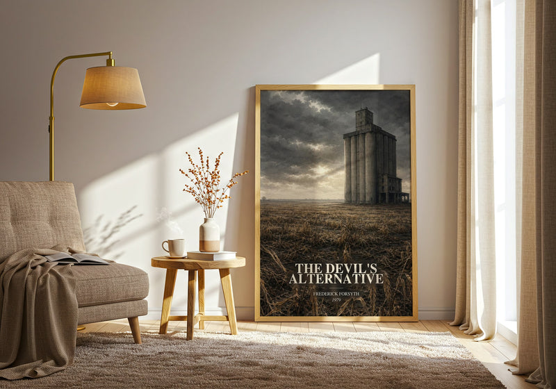 The Devil's Alternative watercolour print in frame leaning in hallway – thriller wall art