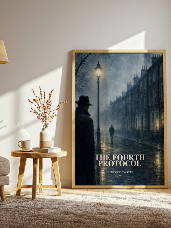 The Fourth Protocol watercolour print in frame leaning in hallway – thriller wall art