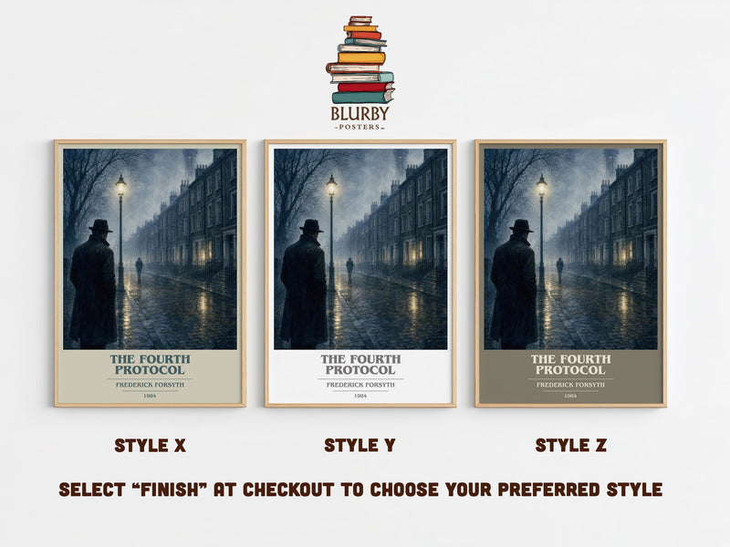 The Fourth Protocol book cover print in frame leaning in hallway – thriller wall art