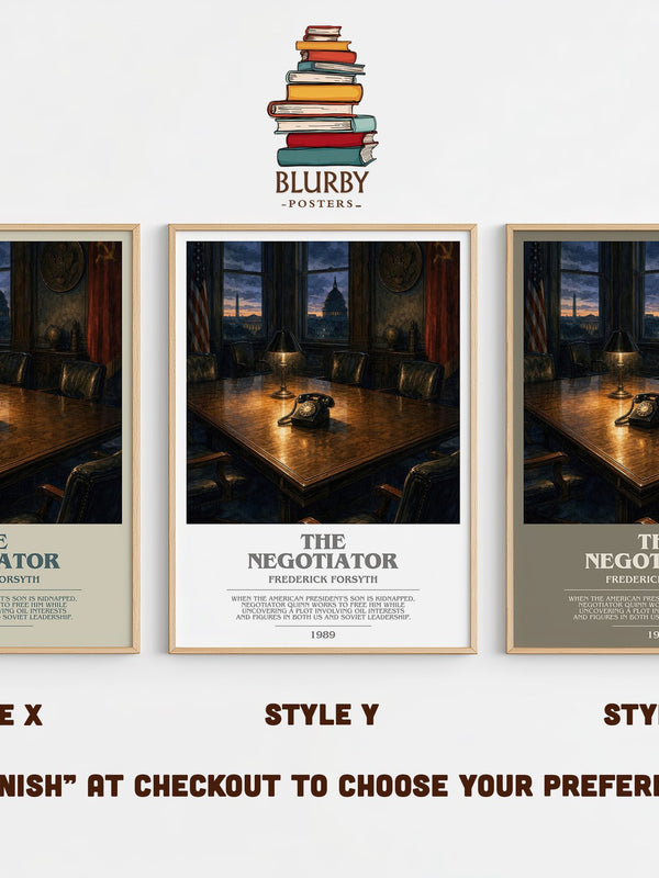 The Negotiator bookish print in frame leaning in hallway – thriller wall art