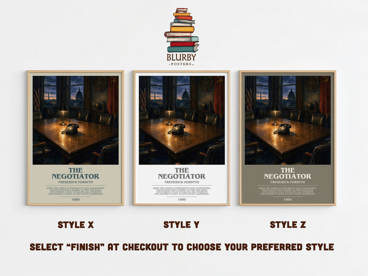 The Negotiator bookish print in frame leaning in hallway – thriller wall art (mockup)