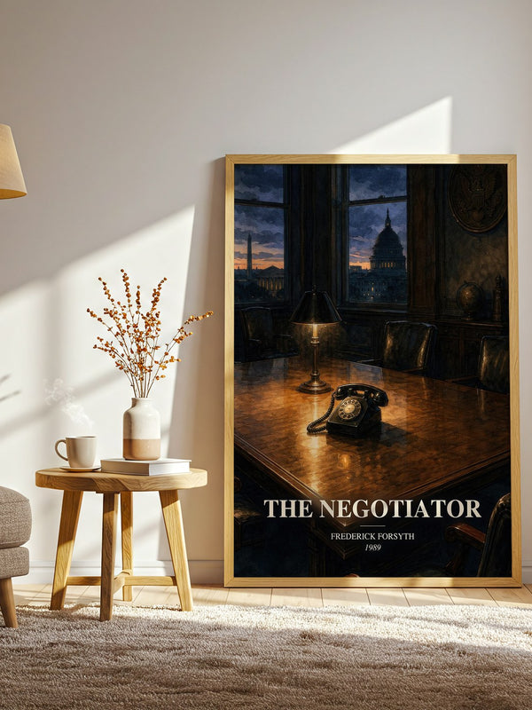 The Negotiator watercolour print in frame leaning in hallway – thriller wall art