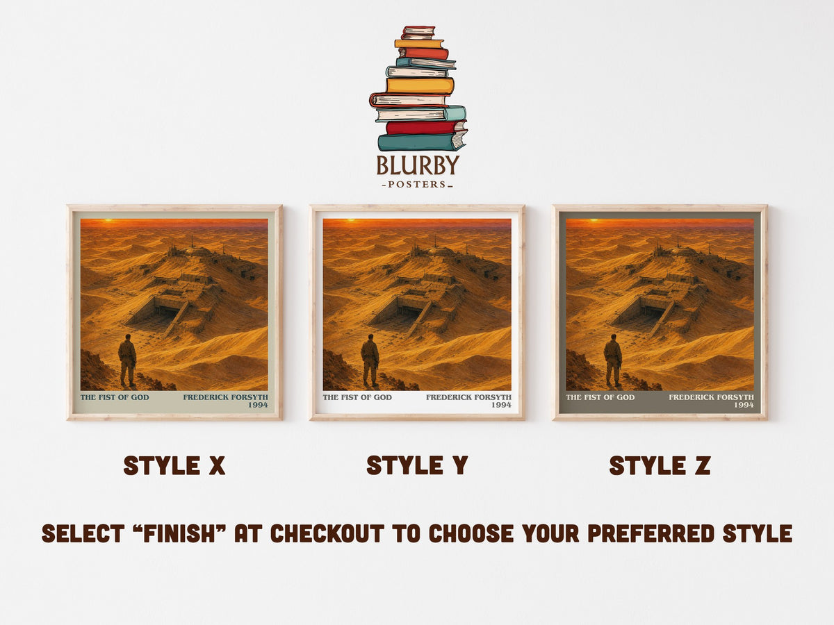 The Fist of God literary print in frame leaning in hallway – thriller wall art (mockup)