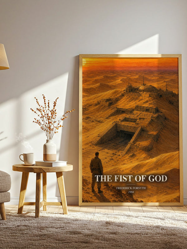 The Fist of God watercolour print in frame leaning in hallway – thriller wall art