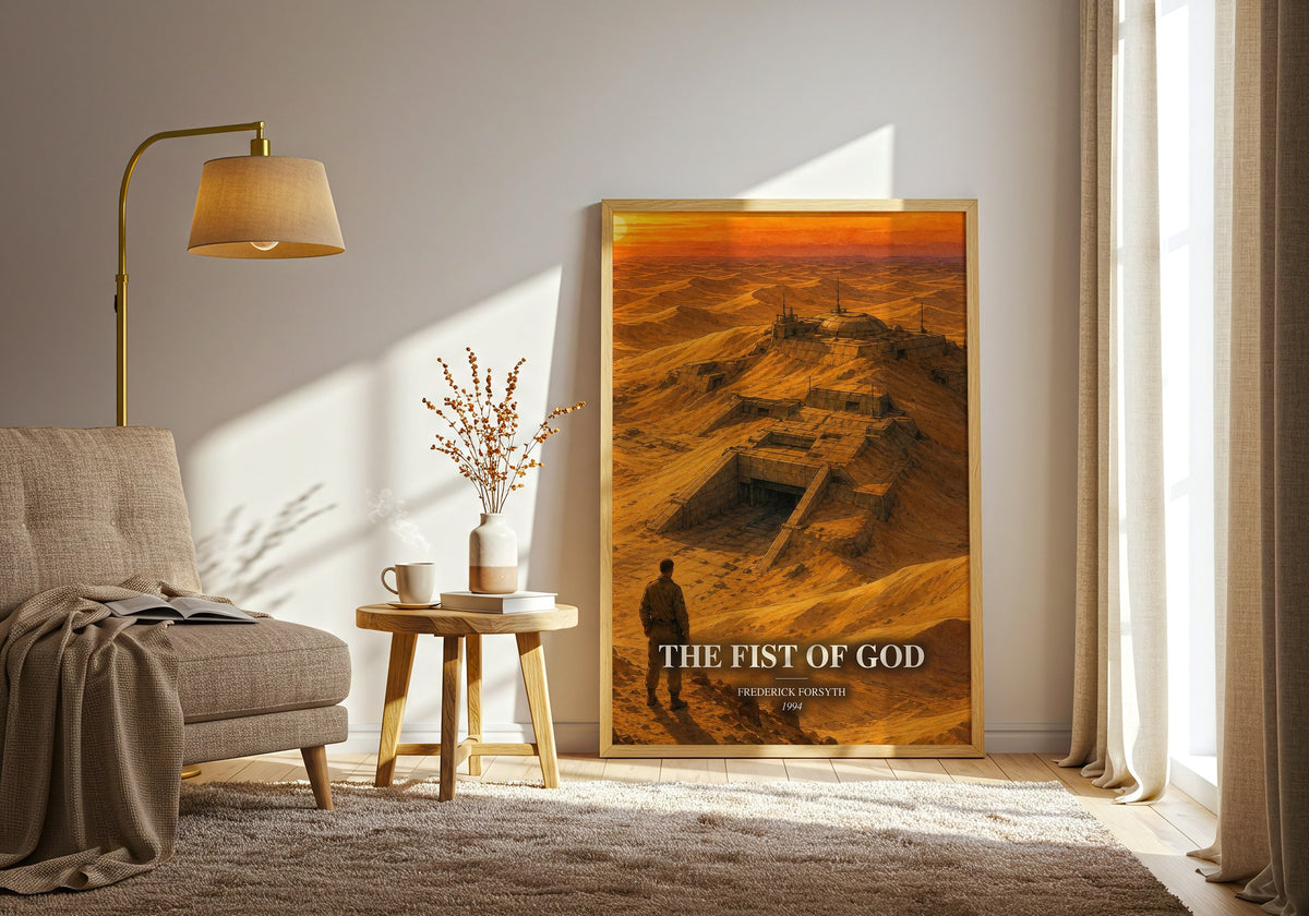 The Fist of God watercolour print in frame leaning in hallway – thriller wall art (mockup)