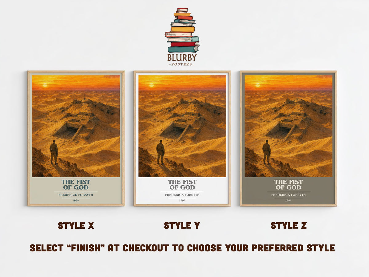 The Fist of God book cover print in frame leaning in hallway – thriller wall art (mockup)