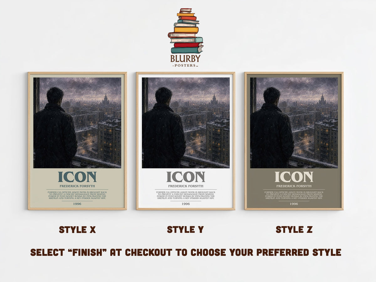Icon bookish print in frame leaning in hallway – thriller wall art (mockup)