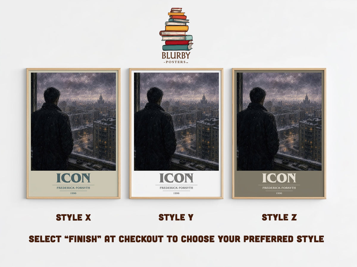 Icon book cover print in frame leaning in hallway – thriller wall art (mockup)