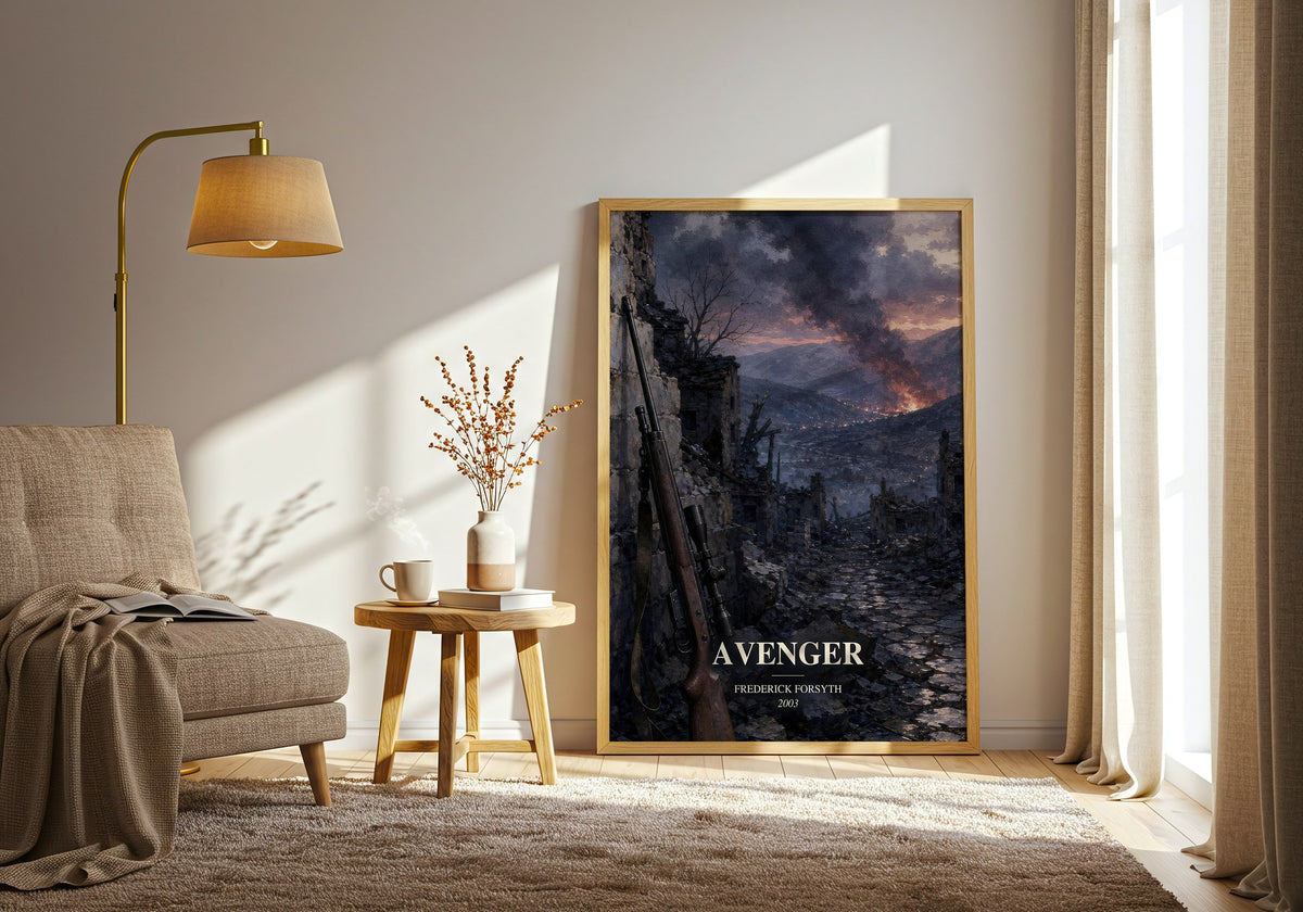 Avenger watercolour print in frame leaning in hallway – thriller wall art (mockup)