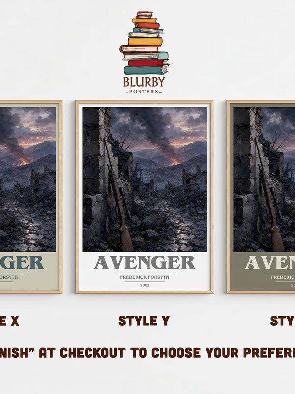 Avenger book cover print in frame leaning in hallway – thriller wall art