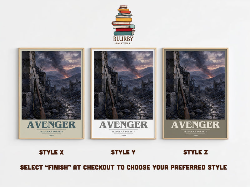 Avenger book cover print in frame leaning in hallway – thriller wall art