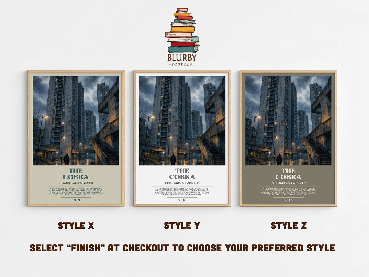 The Cobra bookish print in frame leaning in hallway – thriller wall art (mockup)