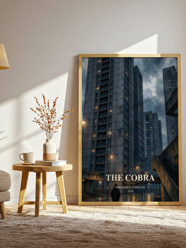 The Cobra watercolour print in frame leaning in hallway – thriller wall art