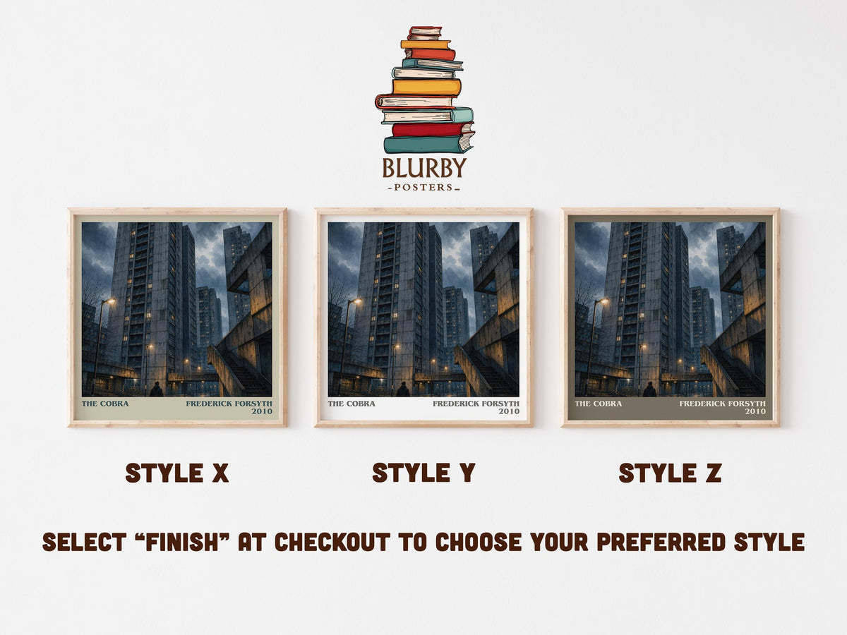 The Cobra literary print in frame leaning in hallway – thriller wall art (mockup)