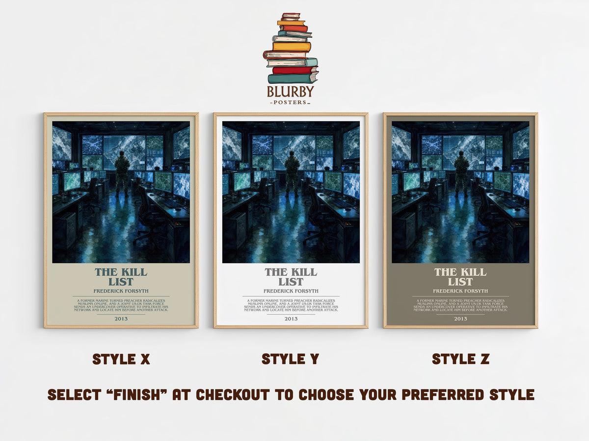 The Kill List bookish print in frame leaning in hallway – thriller wall art (mockup)