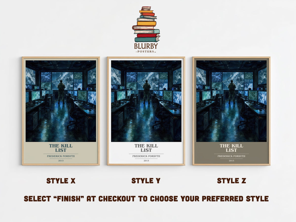 The Kill List book cover print in frame leaning in hallway – thriller wall art (mockup)