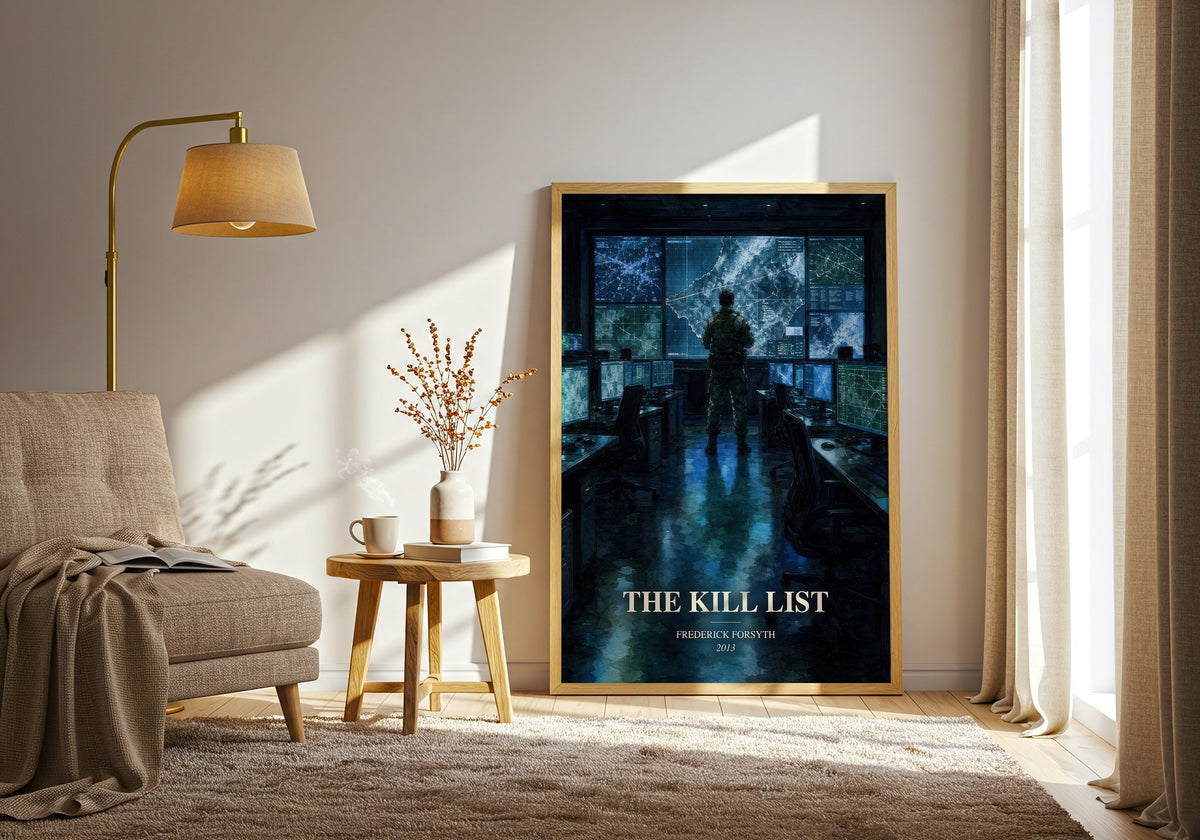 The Kill List watercolour print in frame leaning in hallway – thriller wall art (mockup)