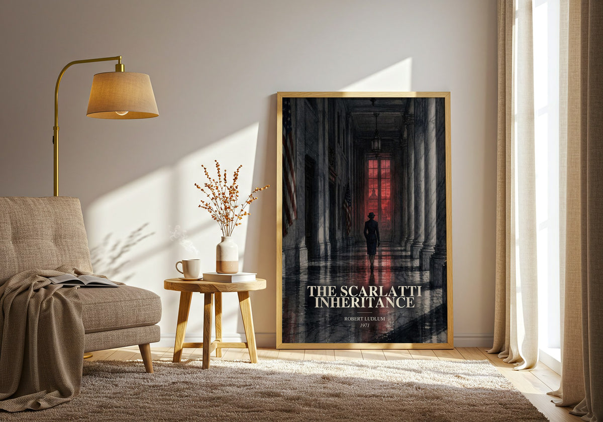 The Scarlatti Inheritance watercolour print in frame leaning in hallway – thriller wall art (mockup)