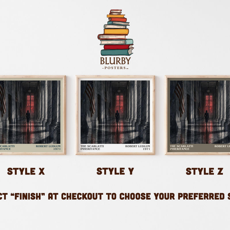The Scarlatti Inheritance literary print in frame leaning in hallway – thriller wall art