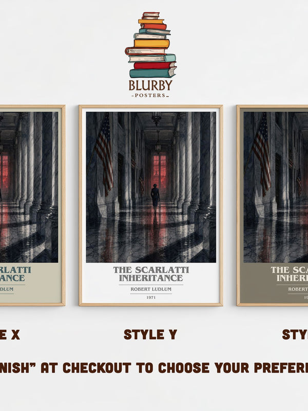 The Scarlatti Inheritance book cover print in frame leaning in hallway – thriller wall art