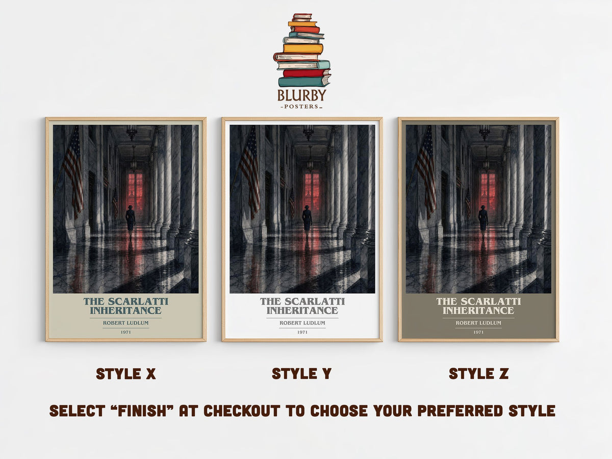 The Scarlatti Inheritance book cover print in frame leaning in hallway – thriller wall art (mockup)