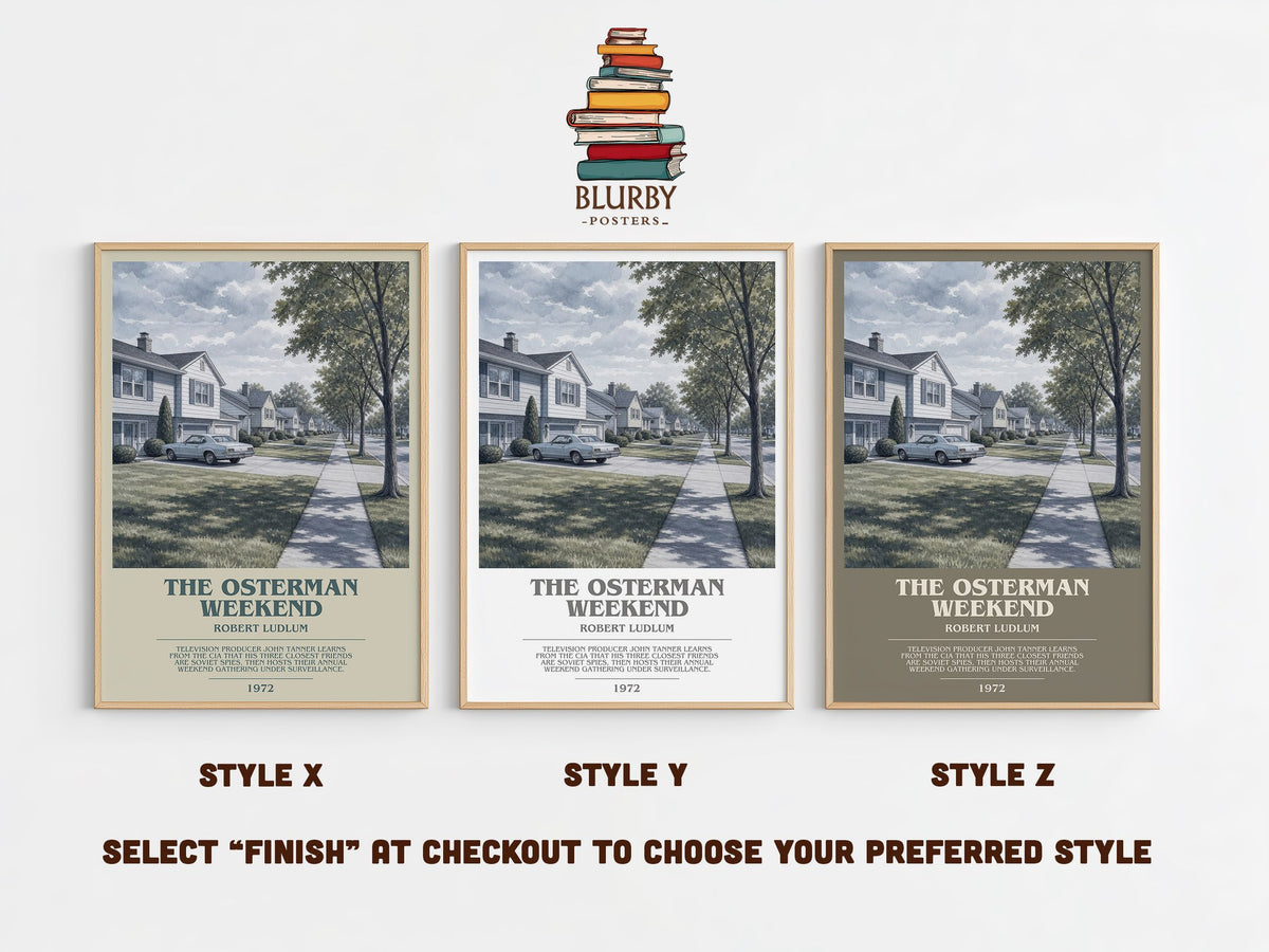 The Osterman Weekend bookish print in frame leaning in hallway – thriller wall art (mockup)