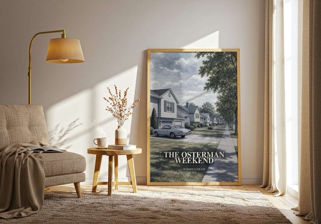 The Osterman Weekend watercolour print in frame leaning in hallway – thriller wall art (mockup)