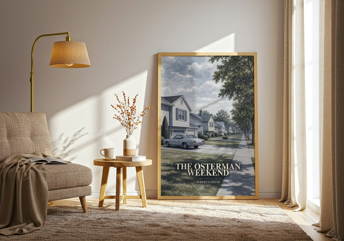 The Osterman Weekend watercolour print in frame leaning in hallway – thriller wall art (mockup)