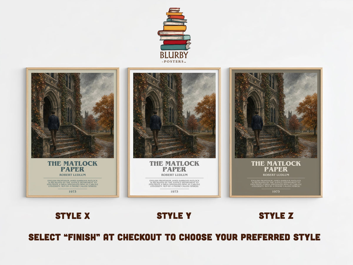The Matlock Paper bookish print in frame leaning in hallway – thriller wall art (mockup)