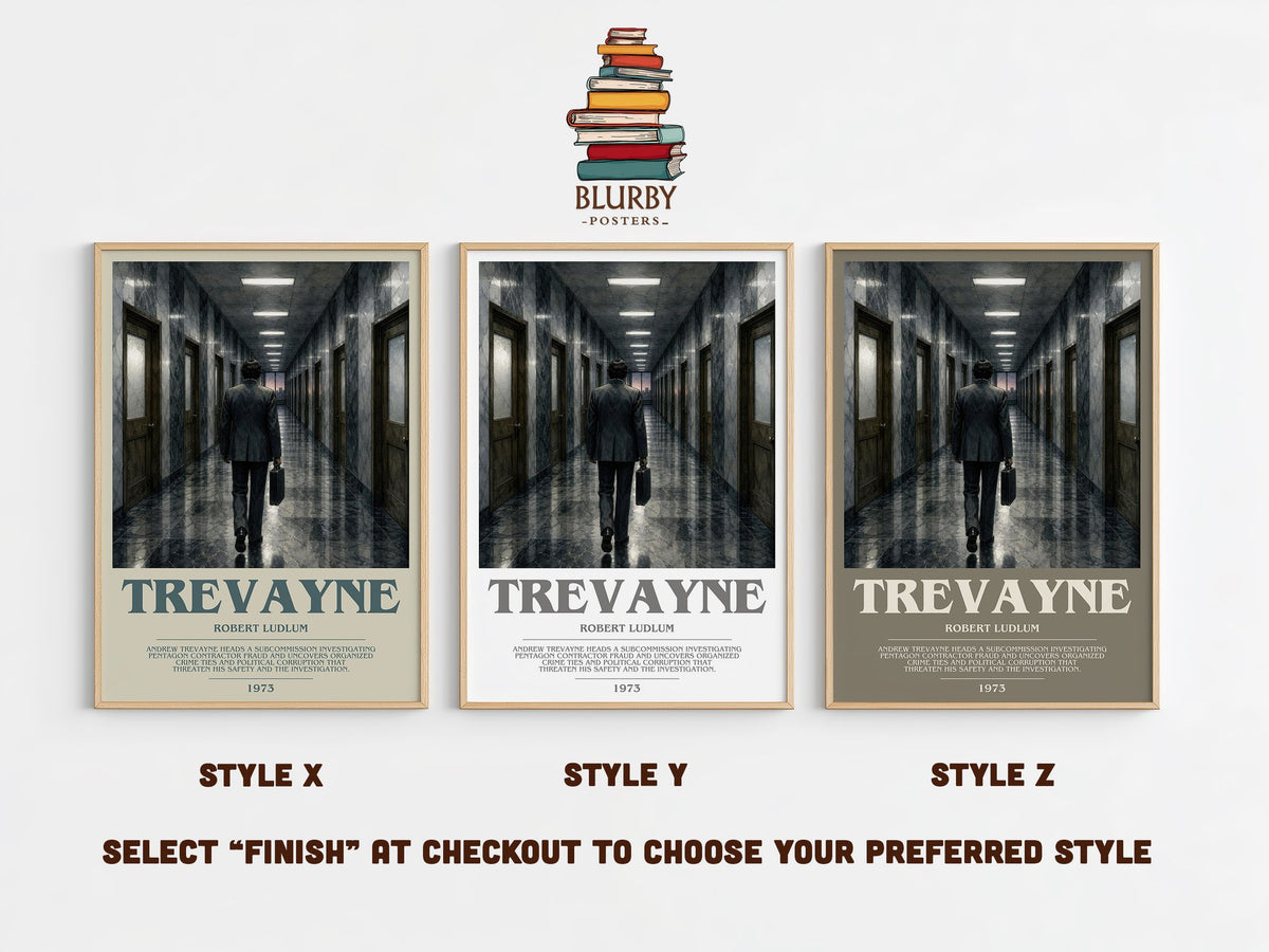 Trevayne bookish print in frame leaning in hallway – thriller wall art (mockup)
