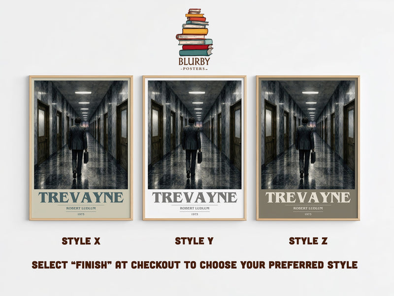 Trevayne book cover print in frame leaning in hallway – thriller wall art