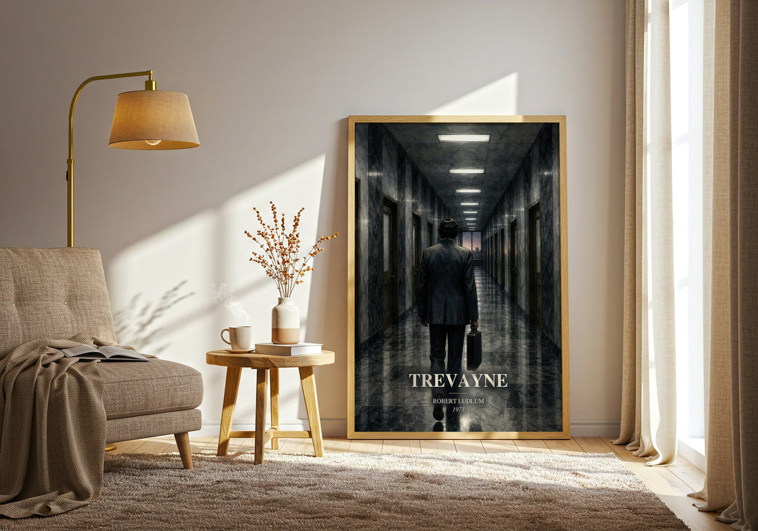 Trevayne watercolour print in frame leaning in hallway – thriller wall art (mockup)