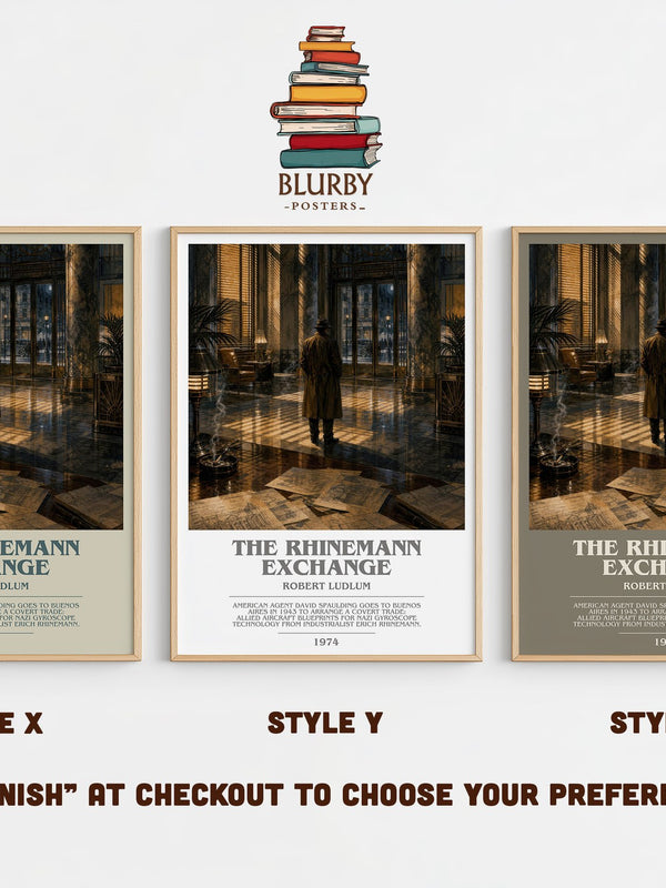 The Rhinemann Exchange bookish print in frame leaning in hallway – thriller wall art
