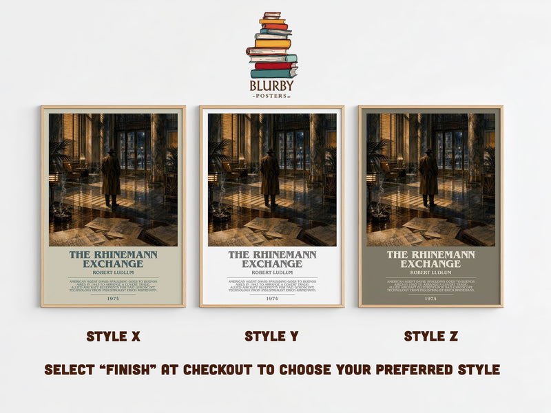 The Rhinemann Exchange bookish print in frame leaning in hallway – thriller wall art