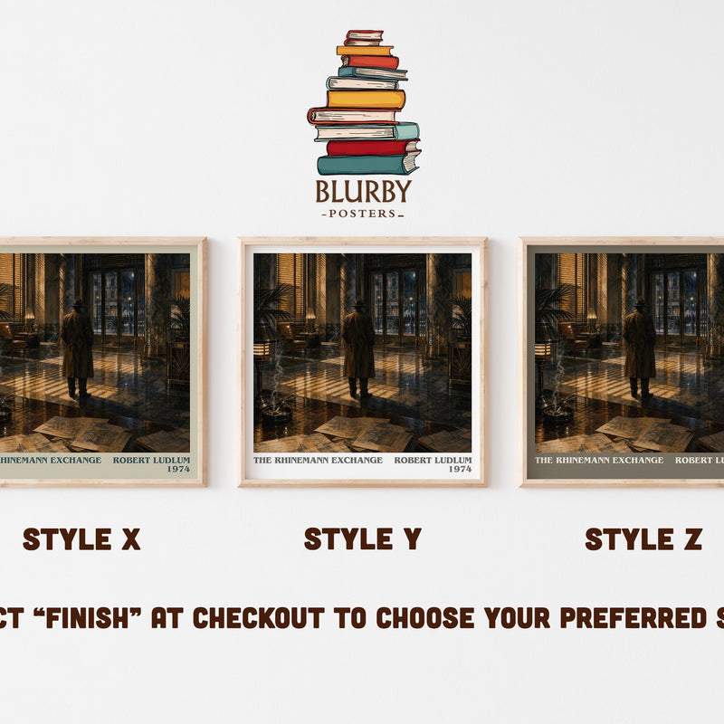 The Rhinemann Exchange literary print in frame leaning in hallway – thriller wall art