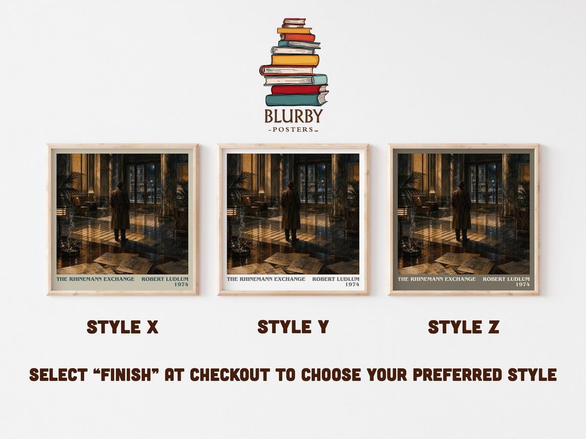 The Rhinemann Exchange literary print in frame leaning in hallway – thriller wall art (mockup)