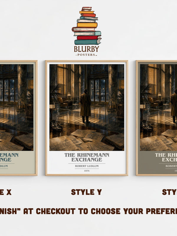 The Rhinemann Exchange book cover print in frame leaning in hallway – thriller wall art