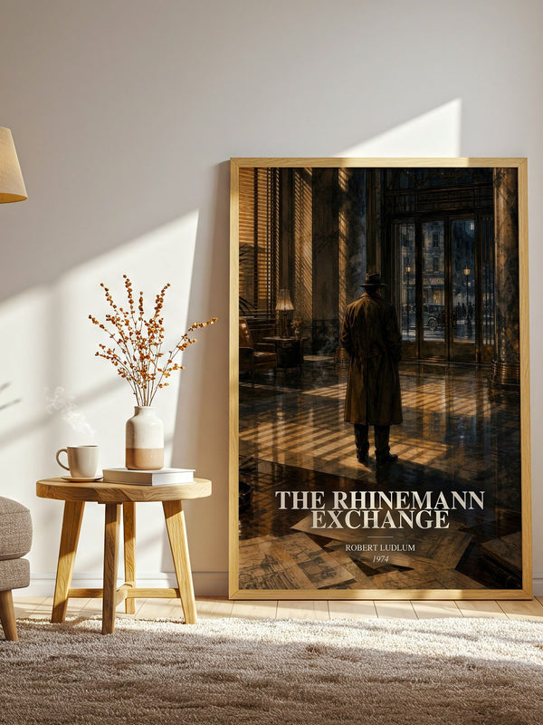 The Rhinemann Exchange watercolour print in frame leaning in hallway – thriller wall art