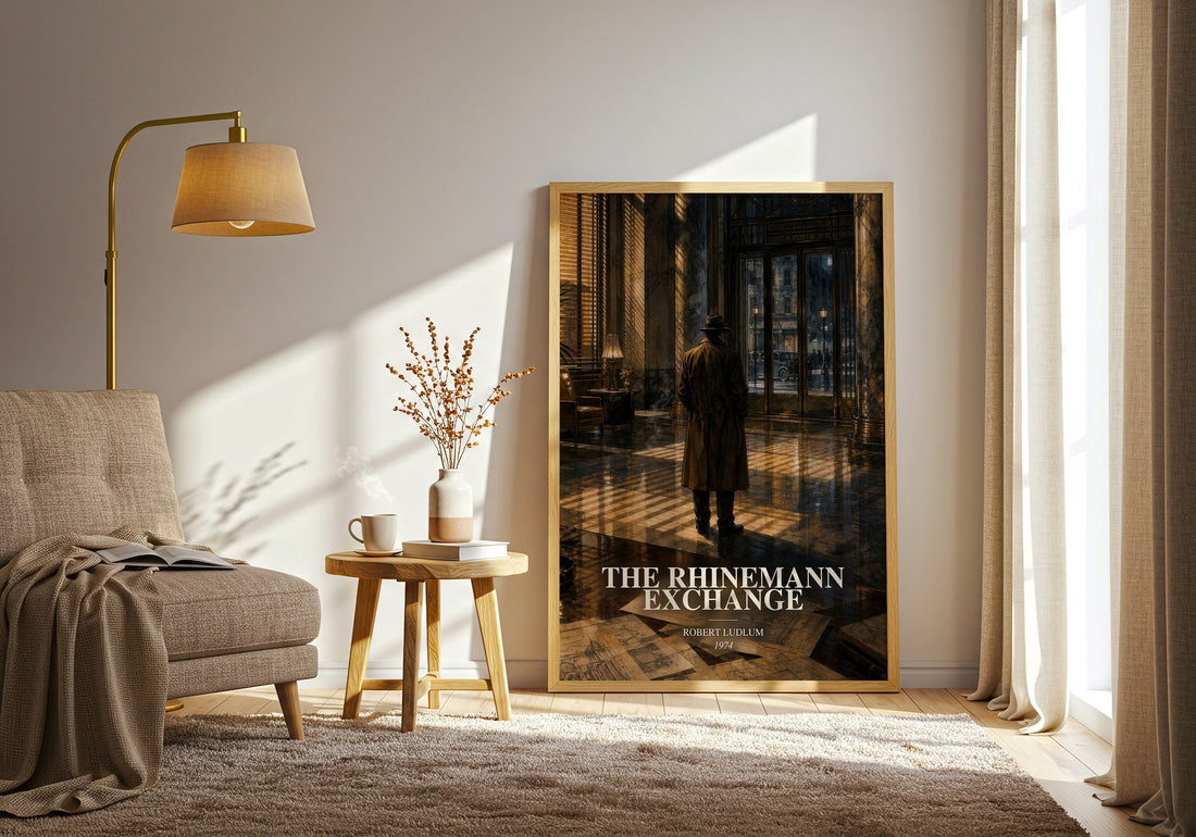 The Rhinemann Exchange watercolour print in frame leaning in hallway – thriller wall art (mockup)