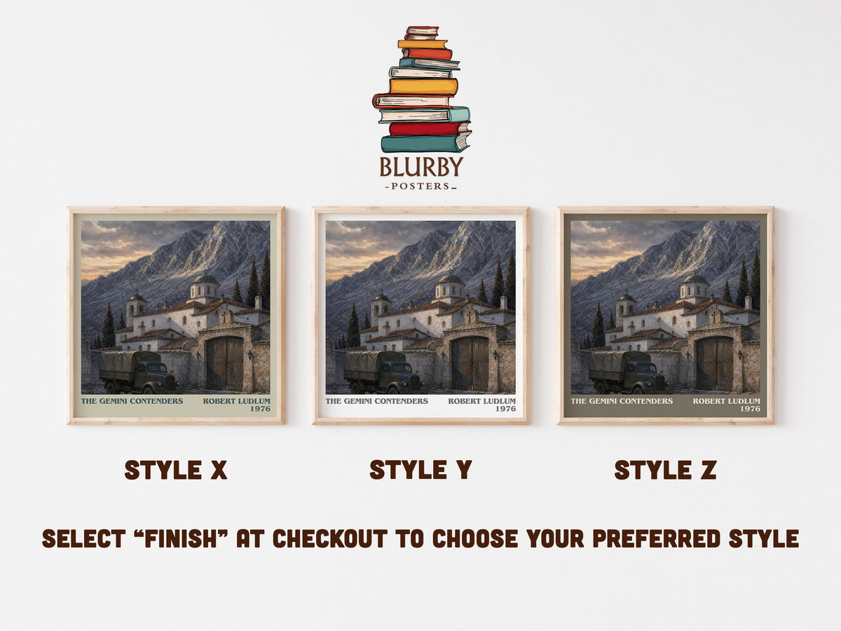 The Gemini Contenders literary print in frame leaning in hallway – thriller wall art (mockup)