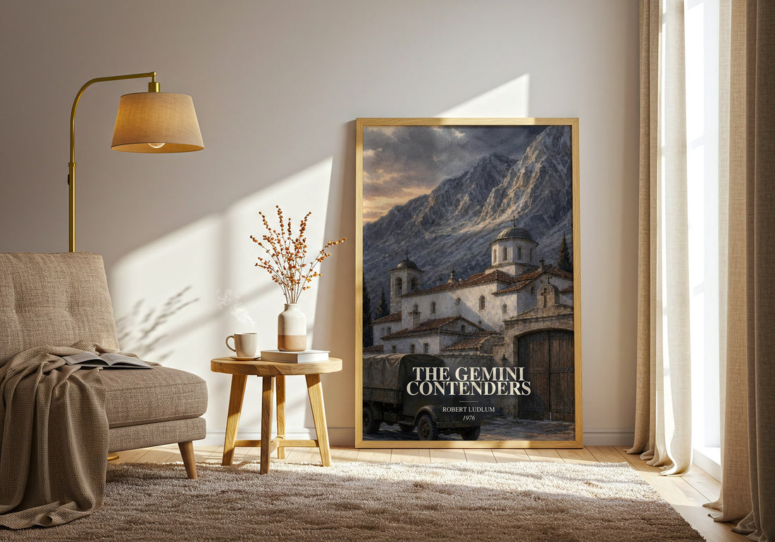 The Gemini Contenders watercolour print in frame leaning in hallway – thriller wall art (mockup)
