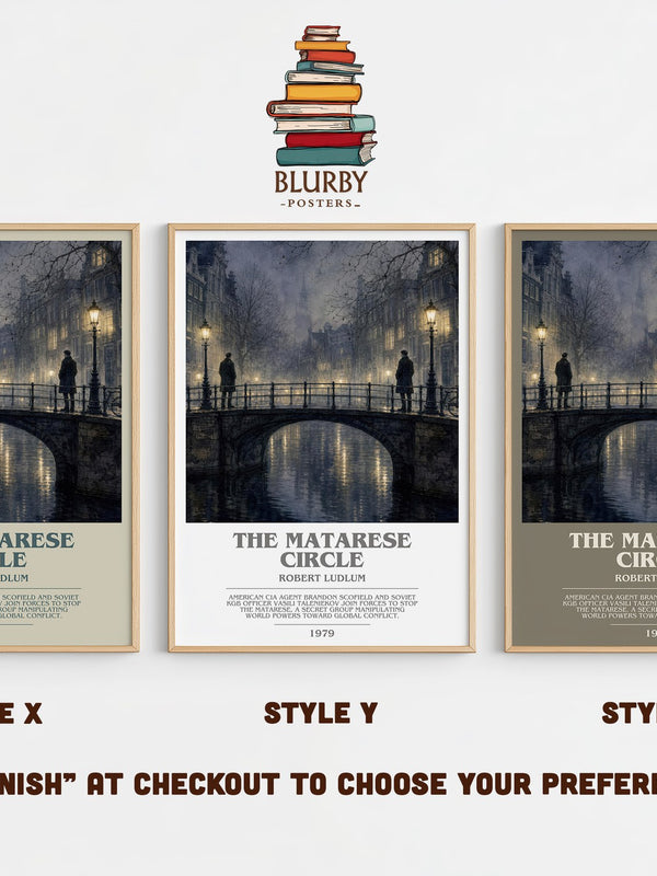 The Matarese Circle bookish print in frame leaning in hallway – thriller wall art
