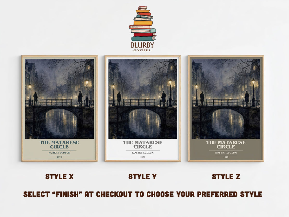 The Matarese Circle book cover print in frame leaning in hallway – thriller wall art (mockup)