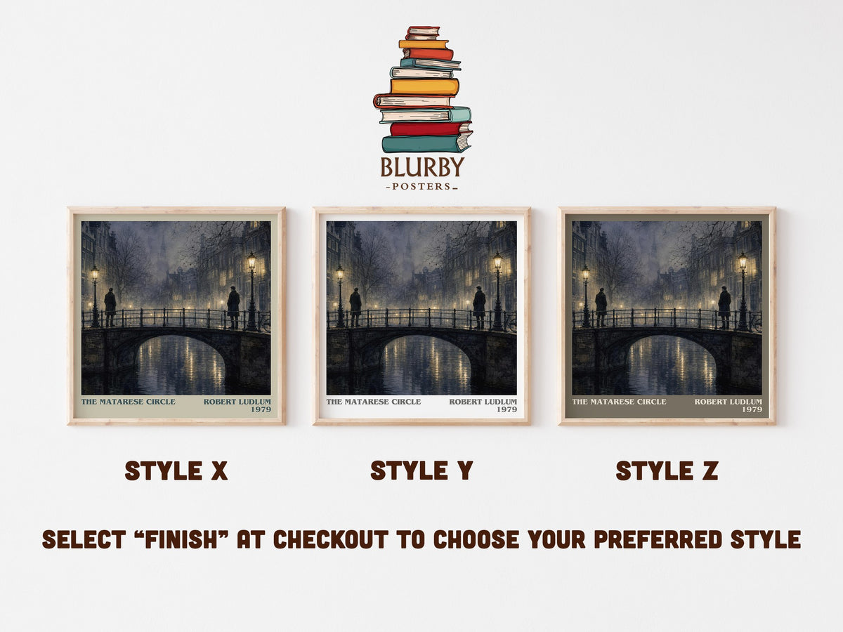 The Matarese Circle literary print in frame leaning in hallway – thriller wall art (mockup)