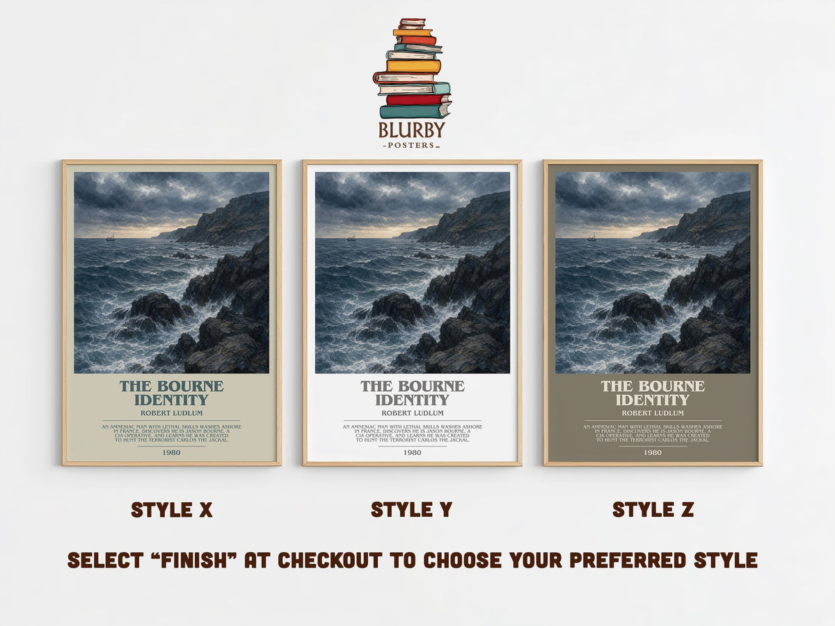 The Bourne Identity bookish print in frame leaning in hallway – thriller wall art (mockup)