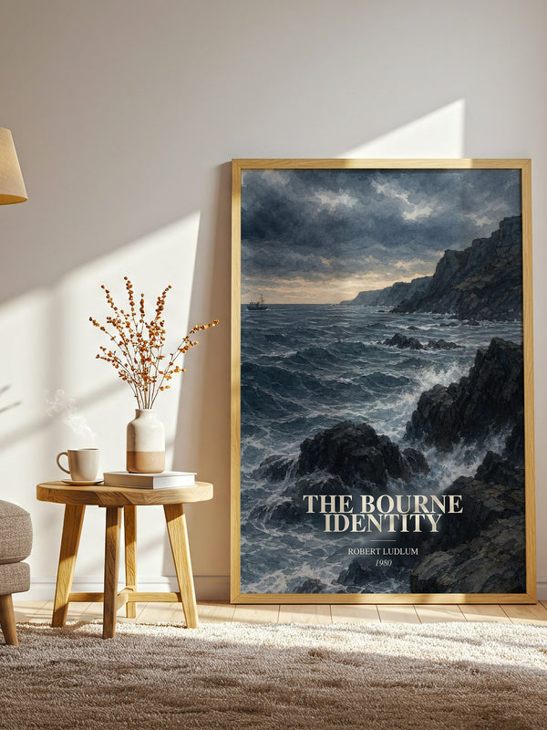 The Bourne Identity watercolour print in frame leaning in hallway – thriller wall art