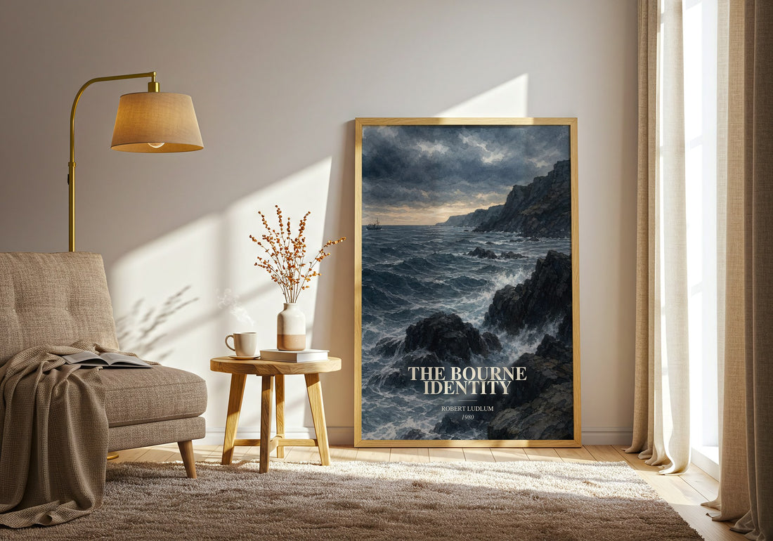 The Bourne Identity watercolour print in frame leaning in hallway – thriller wall art (mockup)