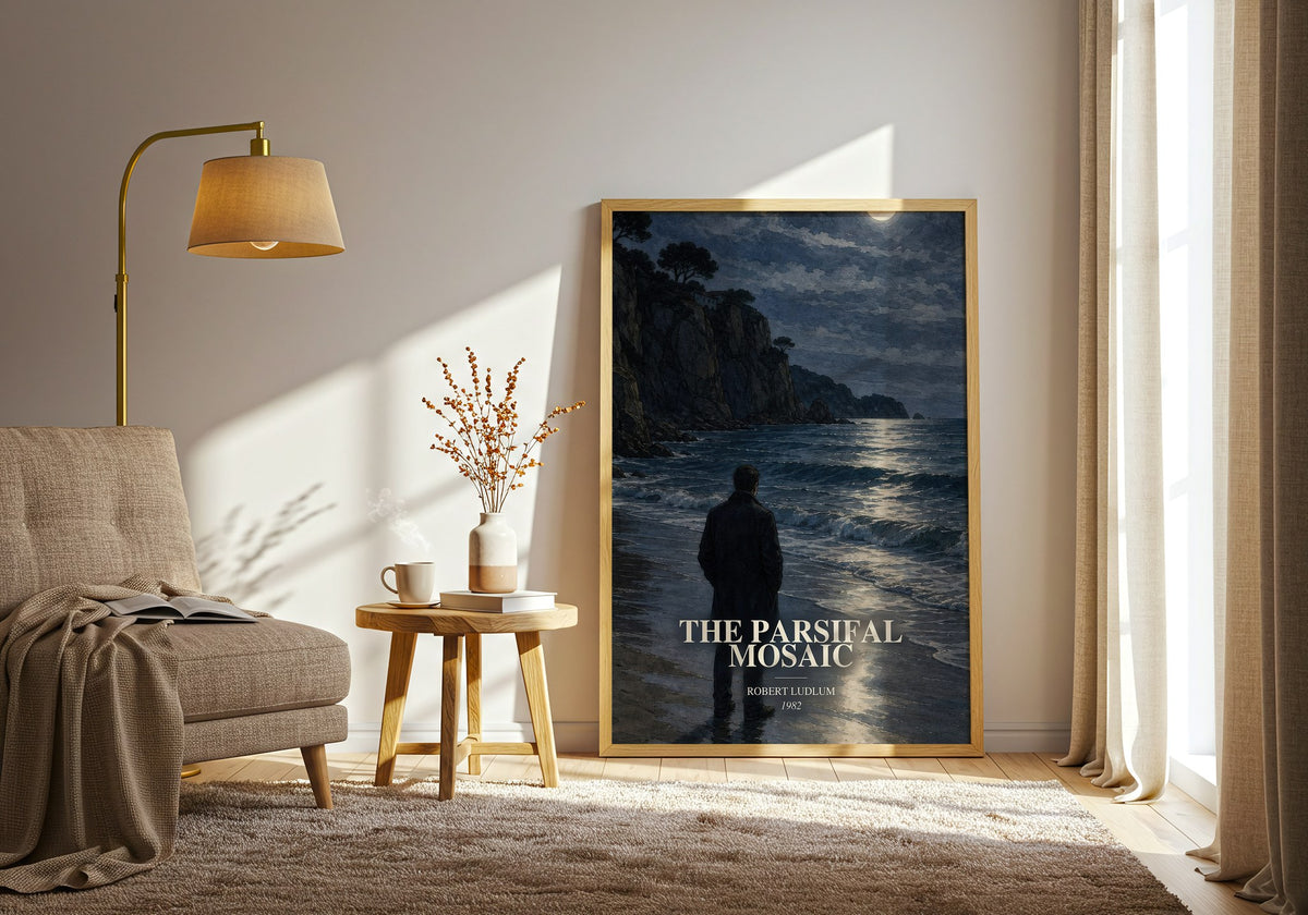 The Parsifal Mosaic watercolour print in frame leaning in hallway – thriller wall art (mockup)