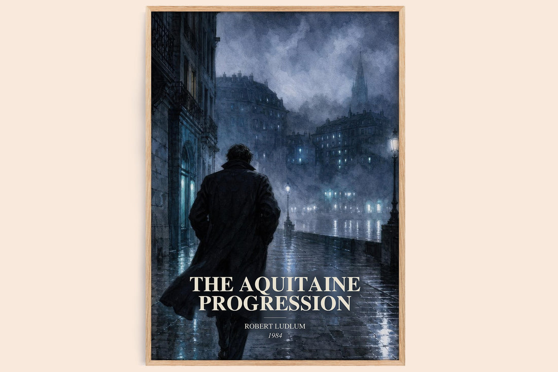 The Aquitaine Progression watercolour book poster by Robert Ludlum – framed literary art print